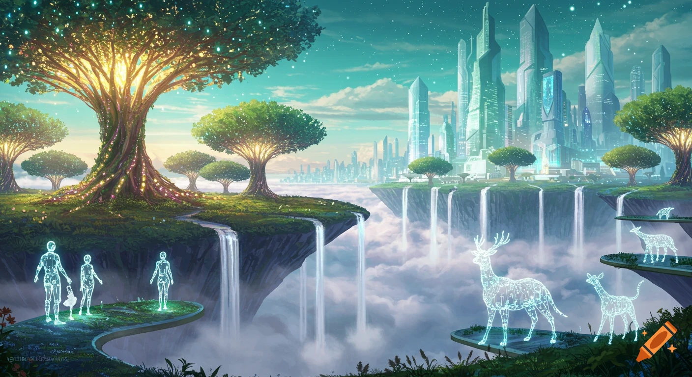 Vibrant fantasy-sci-fi landscape with a futuristic city on floating islands, glowing trees, waterfalls, and holographic human and deer figures.