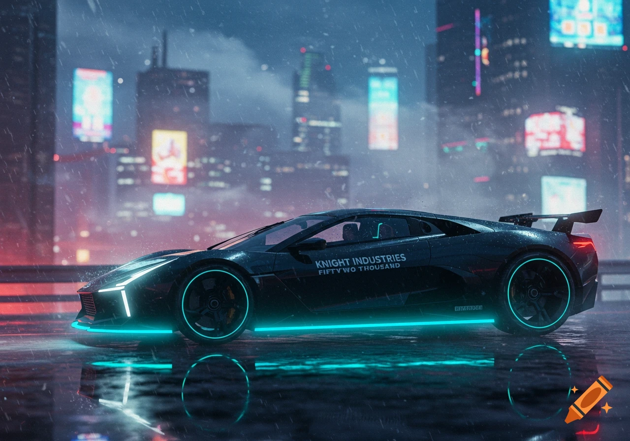 A sleek black futuristic car with neon teal lights on a wet, rainy street in a cyberpunk city at night.
