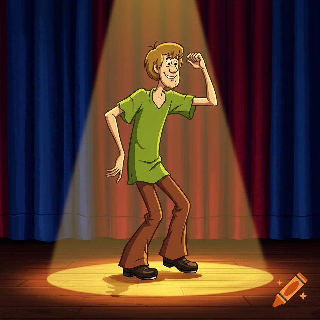 Shaggy from Scooby-Doo tap dancing on a spotlighted wooden stage with red and blue curtains.