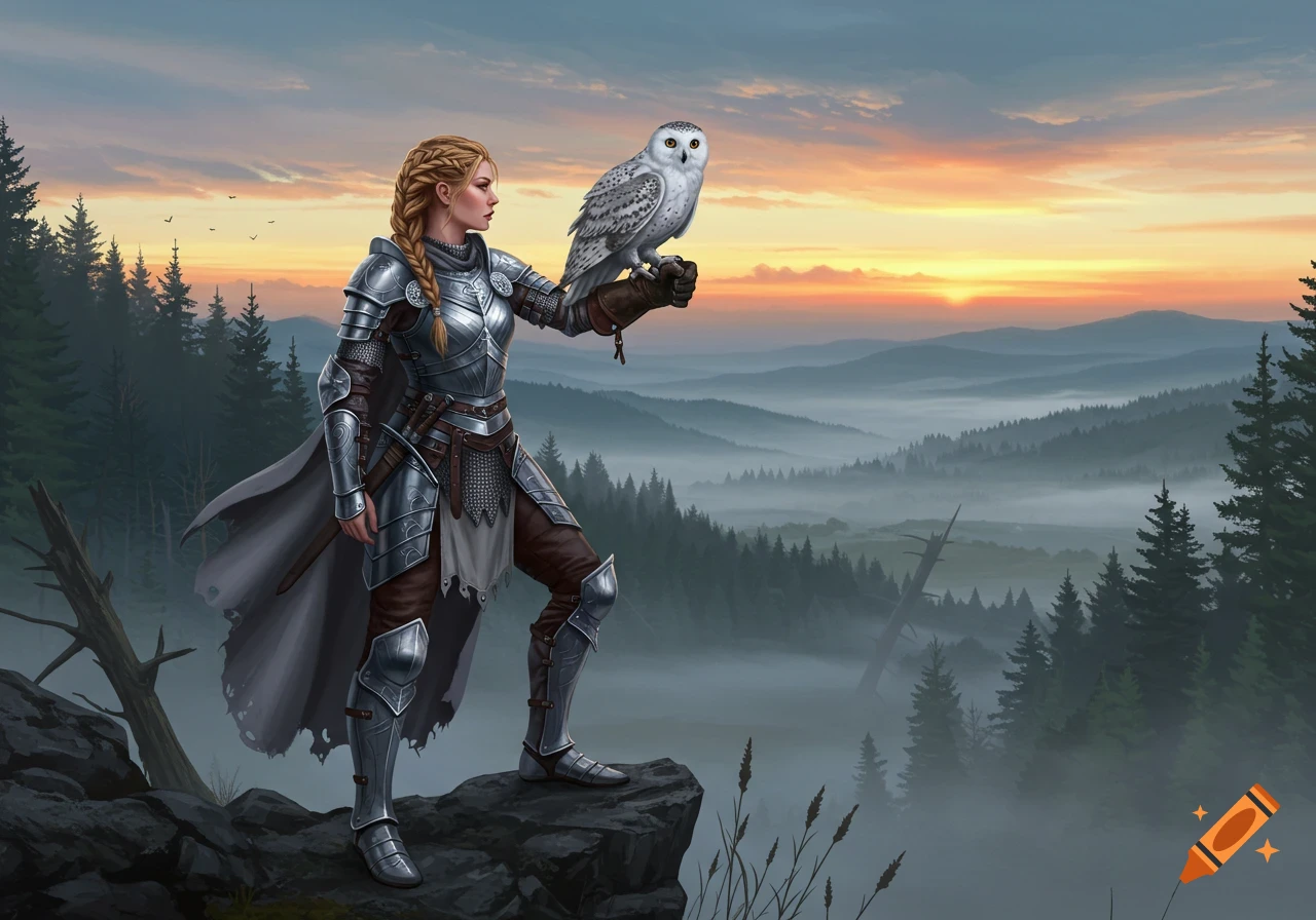 A woman warrior in silver armor holds a snowy owl on her hand, standing on a cliff overlooking a misty forest at sunset.