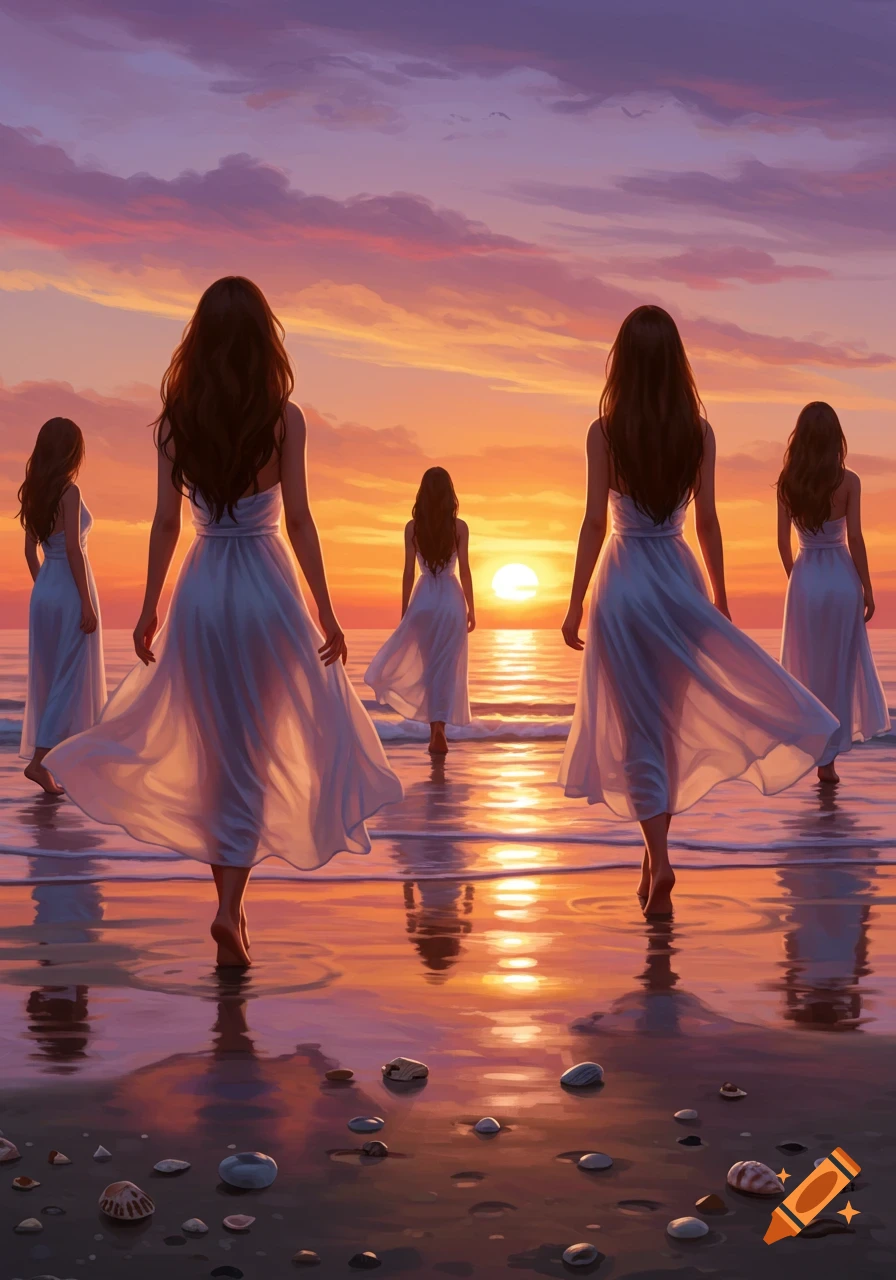 Five women in white dresses walk into the ocean at a vibrant sunset, reflected on the water, with seashells on the sand.