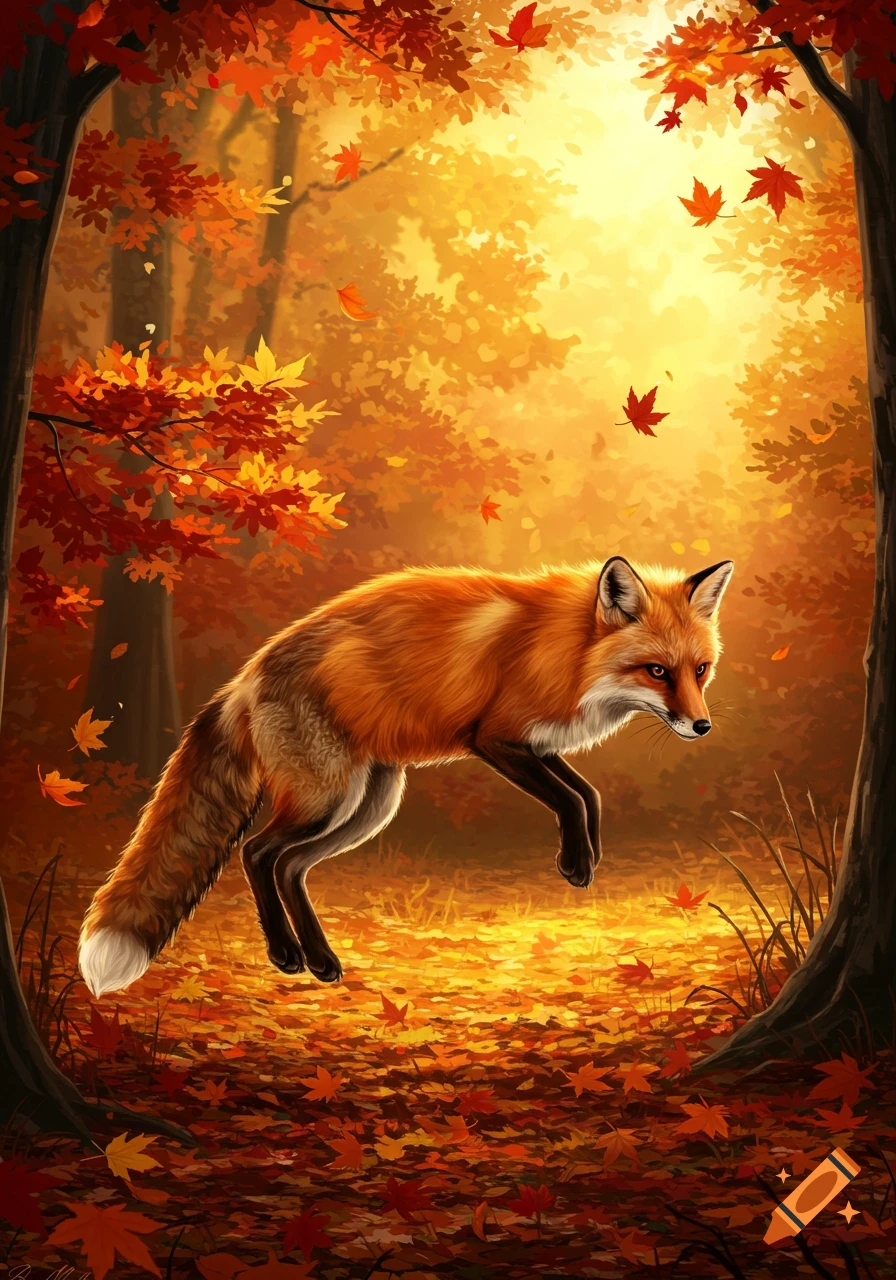 A stylized red fox leaps through a vibrant autumn forest with golden light and falling maple leaves.