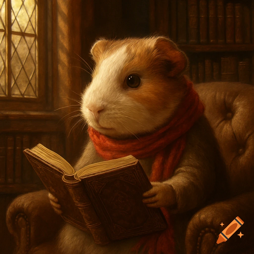 An anthropomorphic guinea pig wearing a red scarf sits in a leather armchair, reading a book in a cozy, dim library.