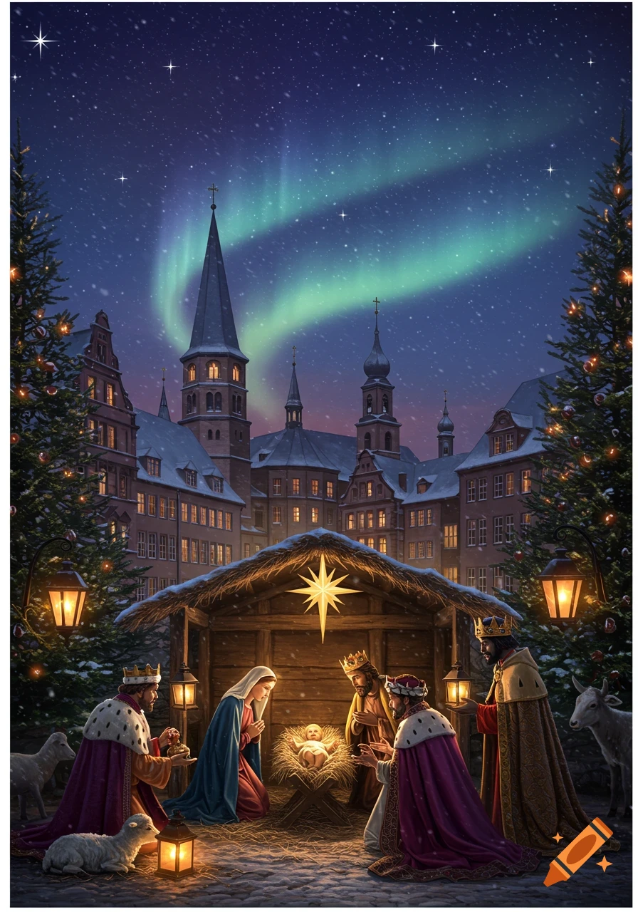 Nativity scene with Mary, baby Jesus, and the Three Wise Men in a snowy European town with Christmas trees under a starry sky with the Northern Lights.