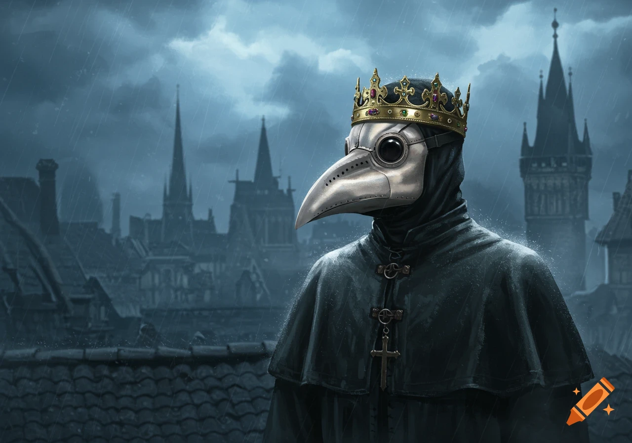 A regal plague doctor with a gold crown and a dark cloak stands against a rainy, gothic city skyline, digital art.