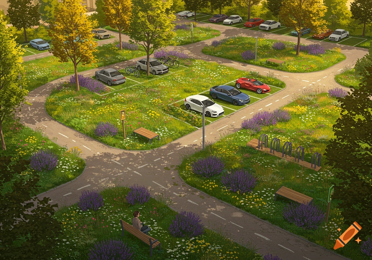 A top-down isometric illustration of a green parking lot with multiple cars, trees, bushes, and flowerbeds, featuring a person sitting on a bench.