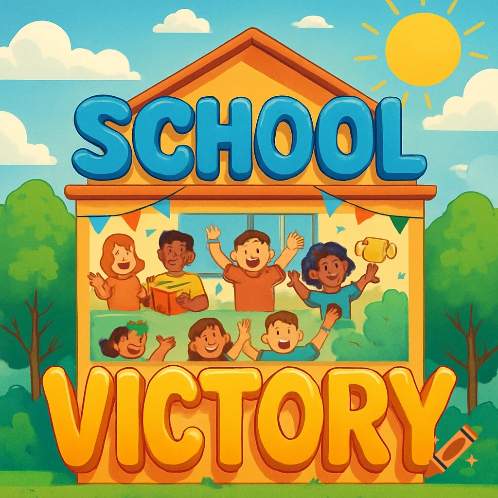 A cartoon illustration of a school building with "SCHOOL" in blue letters and "VICTORY" in yellow below, showing happy children inside waving.
