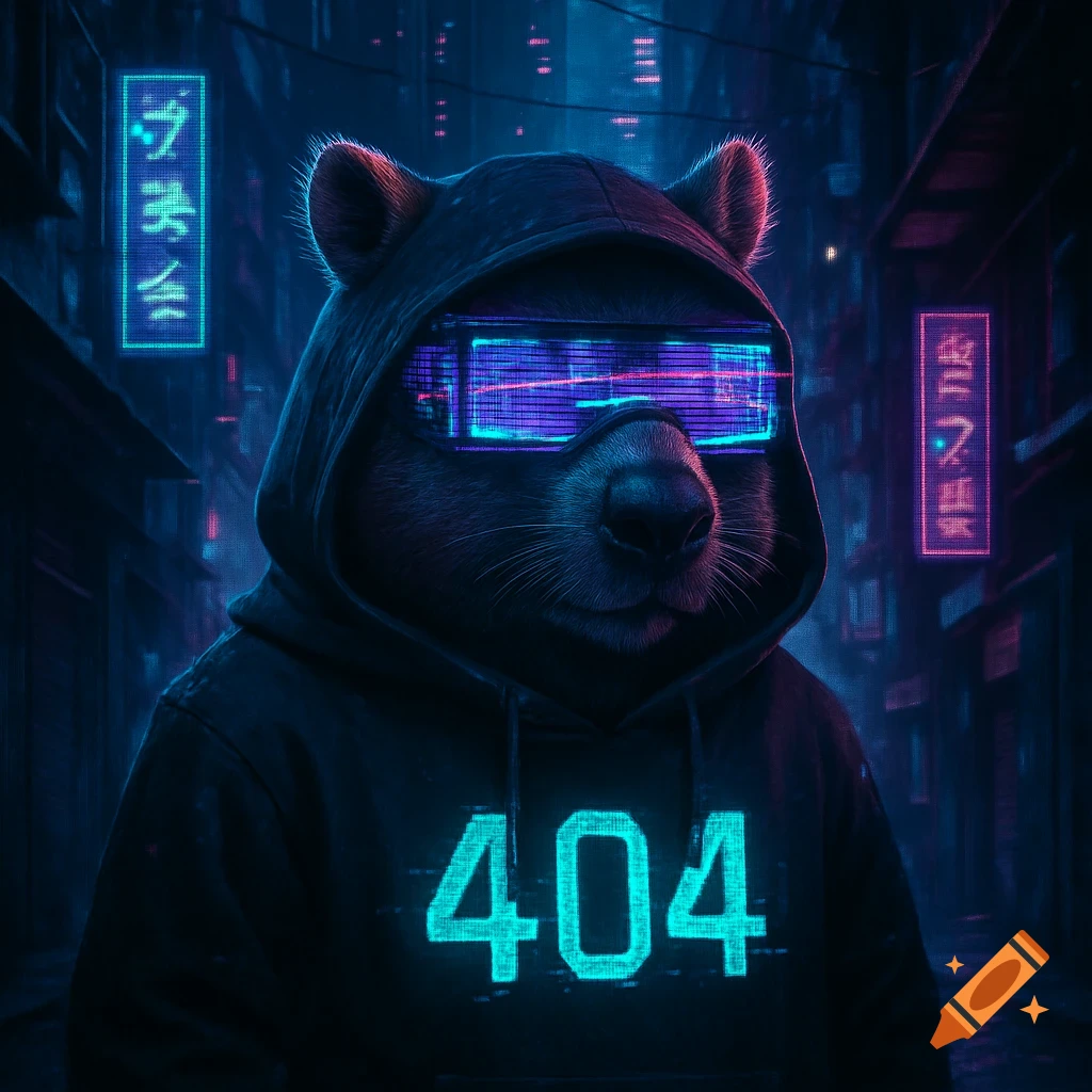 Cyberpunk wombat in a hoodie with '404' text and a neon visor, standing in a dark, neon-lit alley.