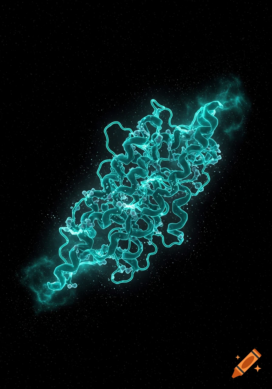 A glowing teal molecular structure with small white spheres against a dark, starry background.