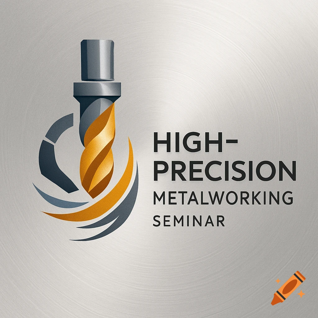 A gray and gold logo featuring an industrial drill bit and text that reads "HIGH-PRECISION METALWORKING SEMINAR" on a brushed metal background.
