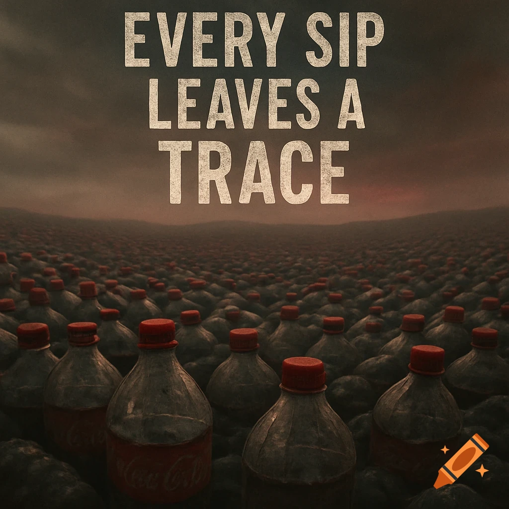 A dark, somber landscape of countless plastic Coca-Cola bottles, with the text "EVERY SIP LEAVES A TRACE" in large letters above them.