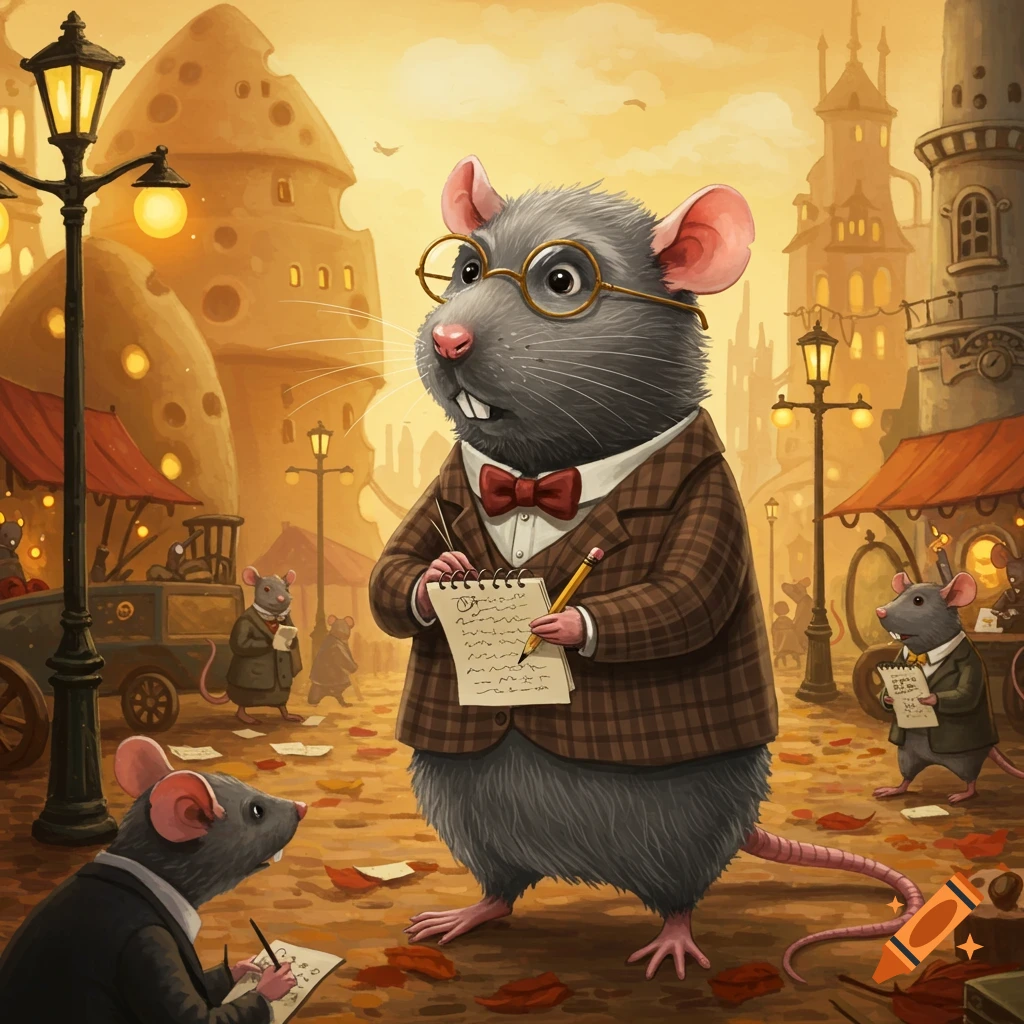 An anthropomorphic rat in a suit and glasses writes in a notebook on a street filled with other rats and cheese-shaped buildings.