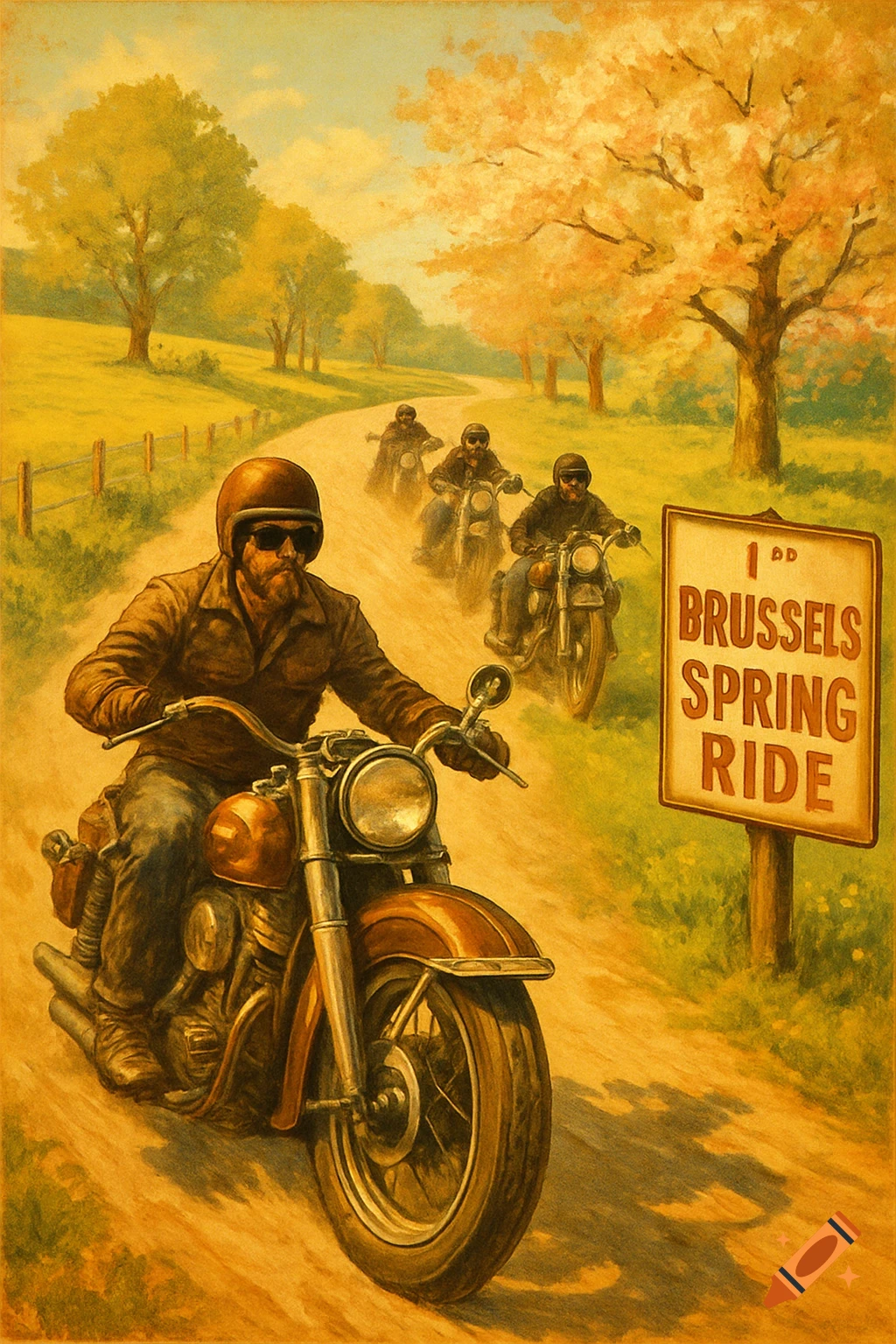 Vintage illustration of bikers on motorcycles riding a winding dirt road in a sunny spring countryside, passing a sign.