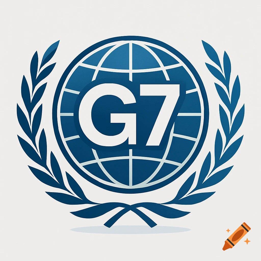 A blue and white G7 logo, featuring a globe with 'G7' in white text, encircled by blue laurel wreaths.