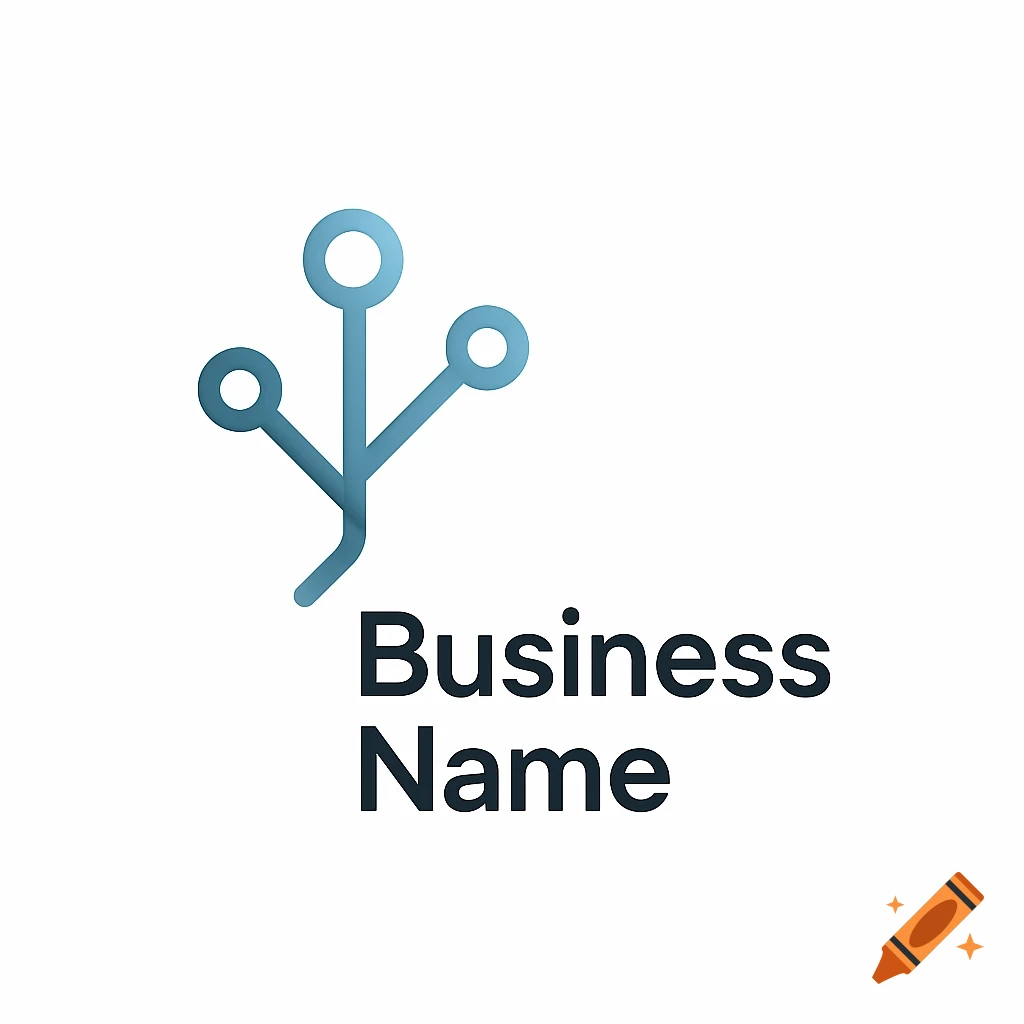 A minimalist logo featuring a blue abstract circuit-like icon above the text 'Business Name' on a white background.