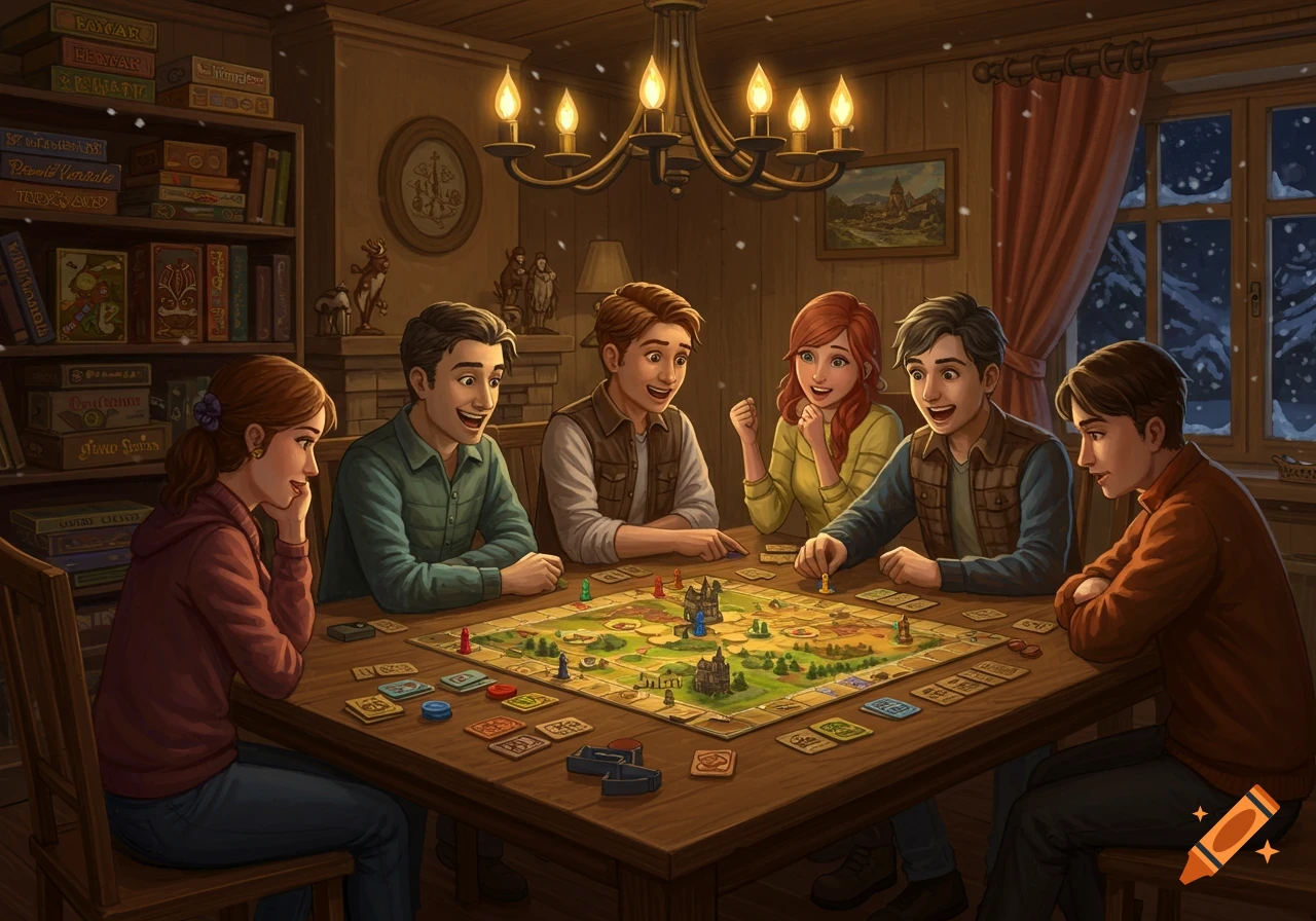 Six animated friends gather around a table to play a board game in a cozy, illustrated room on a snowy evening.