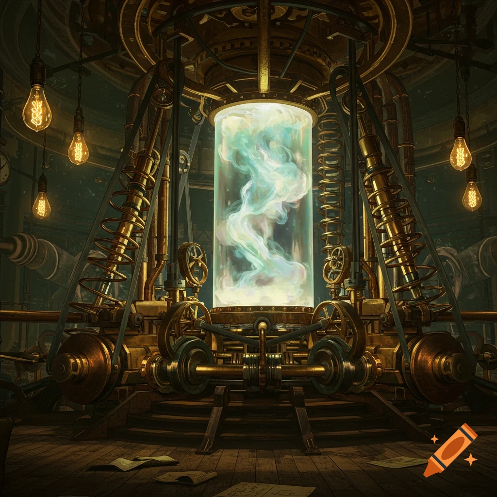 A detailed steampunk machine with gears, pipes, and coils, featuring a central glass cylinder emitting a glowing, swirling mist. Illuminated by hanging Edison bulbs, in a dimly lit, ornate room.