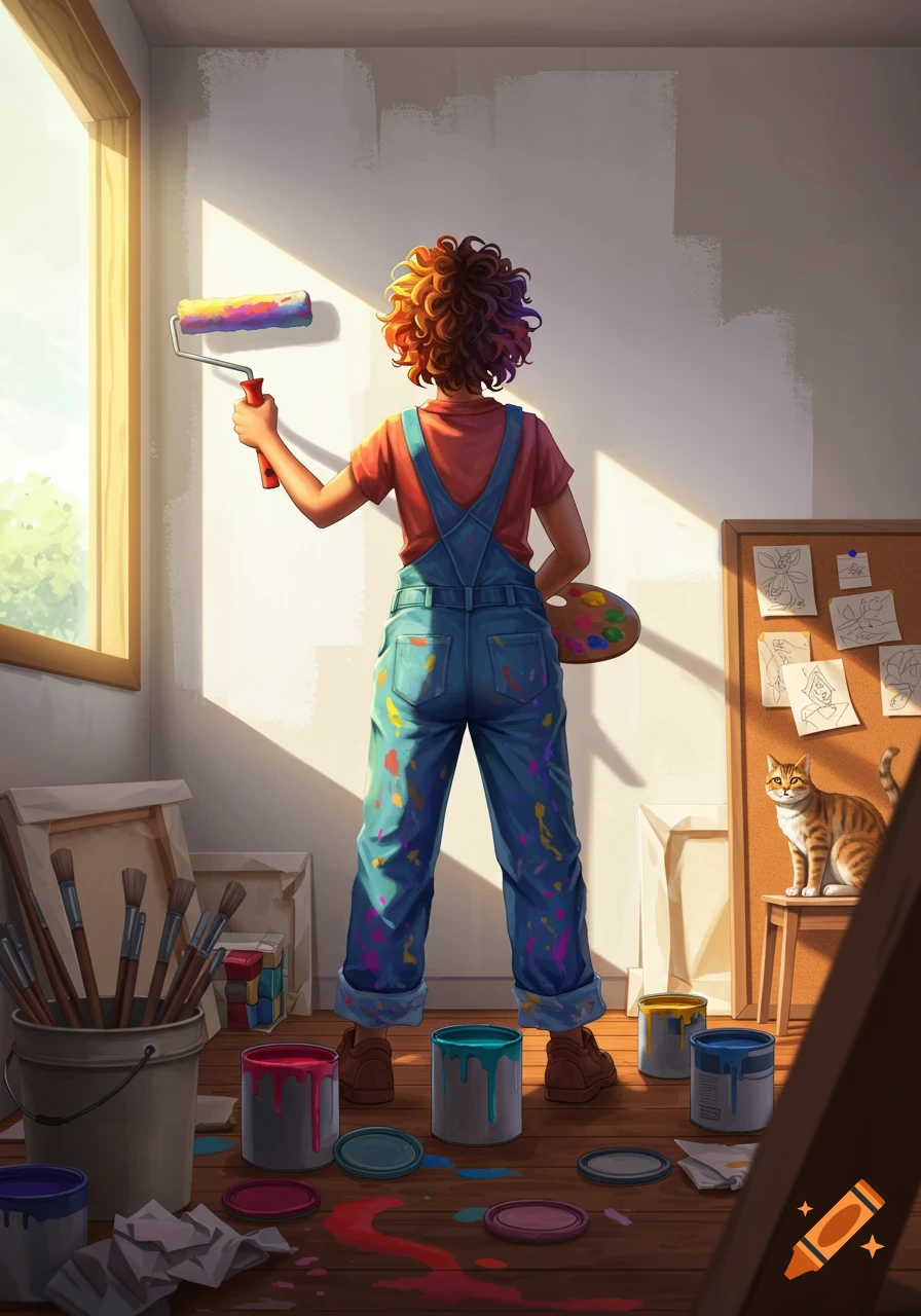 A person in paint-splattered overalls paints a wall in a sunlit art studio with paint cans, brushes, and a cat watching nearby.