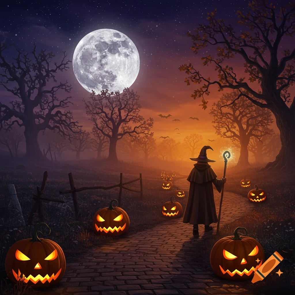 A witch walks down a cobblestone path lined with glowing jack-o'-lanterns in a spooky forest under a massive full moon with bats flying.