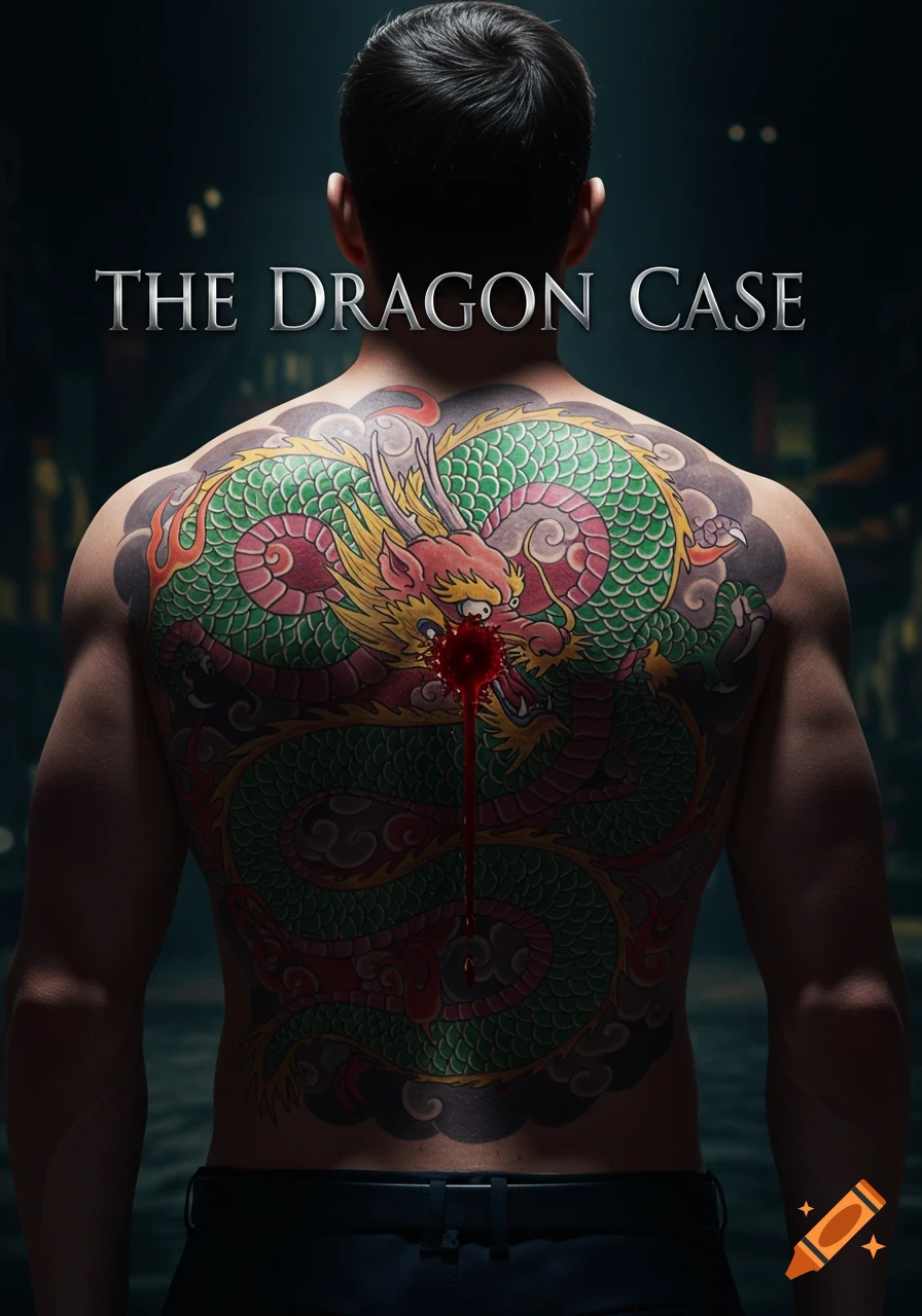 A man's bare back with a large colorful dragon tattoo, a bullet hole with blood dripping, and the title 'THE DRAGON CASE' above.