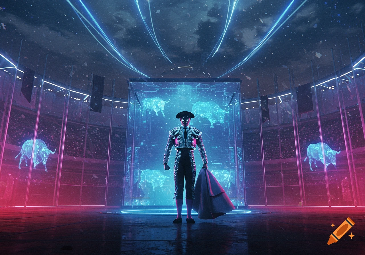 A futuristic matador stands in a neon-lit arena with glowing holographic bulls surrounding him.