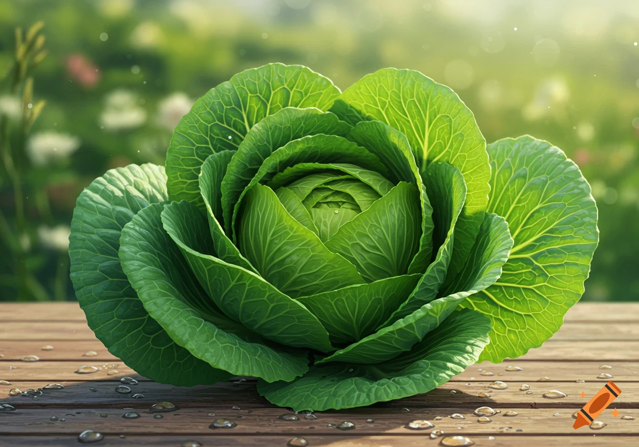 A vibrant green head of cabbage with dew drops on a wooden table, with a blurred garden in the background, photorealistic.