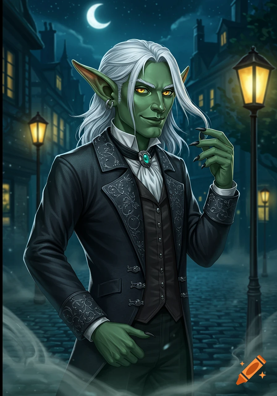 Dapper green-skinned, white-haired elf-like character in a dark suit with a waistcoat and cravat, on a cobbled street at night under a crescent moon.
