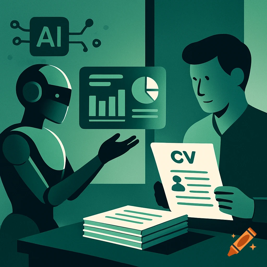 Flat design illustration of a robot assisting a man, a recruiter, reviewing a CV. The scene features a green color palette, a chart, and text 'AI' and 'CV'.