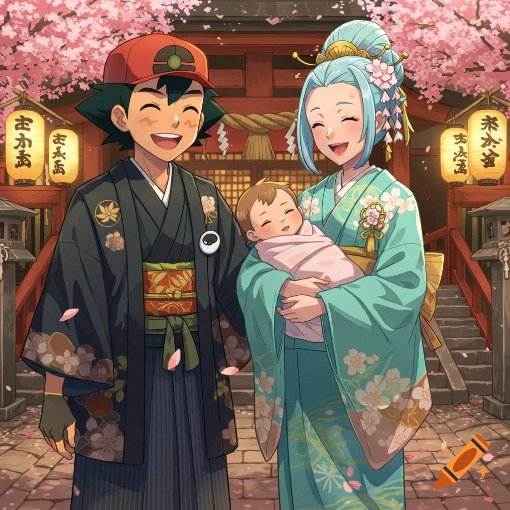 Ash Ketchum and a woman in kimonos hold a baby, smiling at a Japanese shrine with cherry blossoms, anime style.