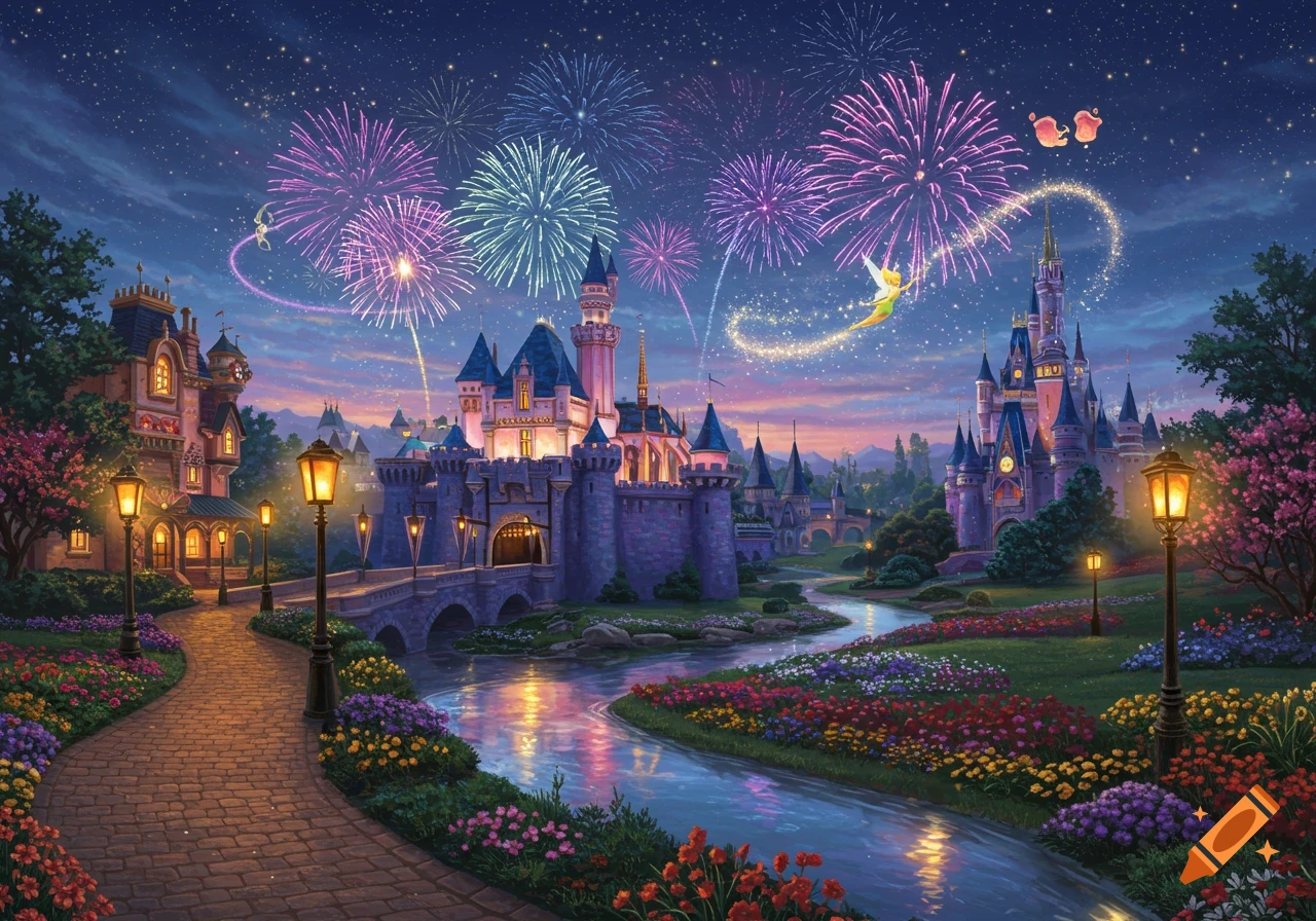 A magical fairytale castle at night with vibrant fireworks, a winding river, and a paved path lined with glowing lanterns and colorful flowers, with a fairy flying in the sky.