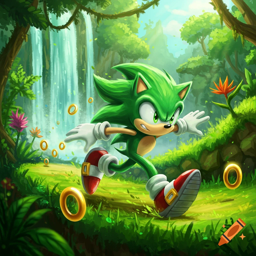 A green Sonic the Hedgehog runs through a lush jungle with a waterfall and scattered golden rings.