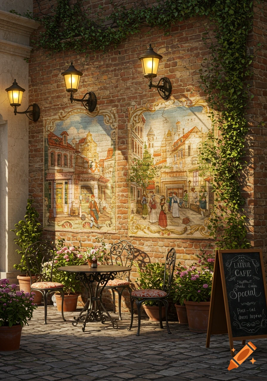 Charming outdoor cafe with brick walls, two large murals depicting European street scenes, three lanterns, and wrought iron tables and chairs.