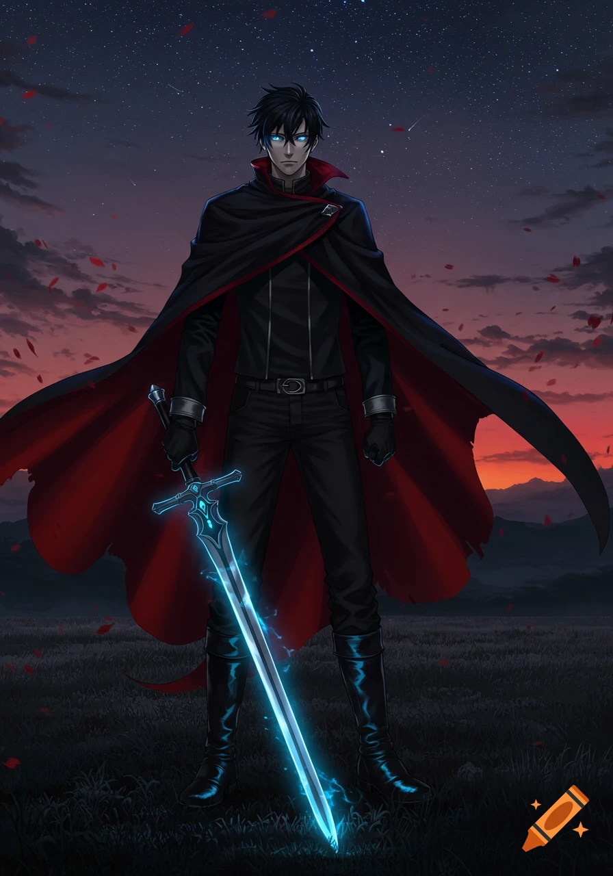 Full-body anime portrait of a man with black hair, glowing blue eyes, and a red-lined black cape, holding a glowing blue sword in a dark field under a starry twilight sky.
