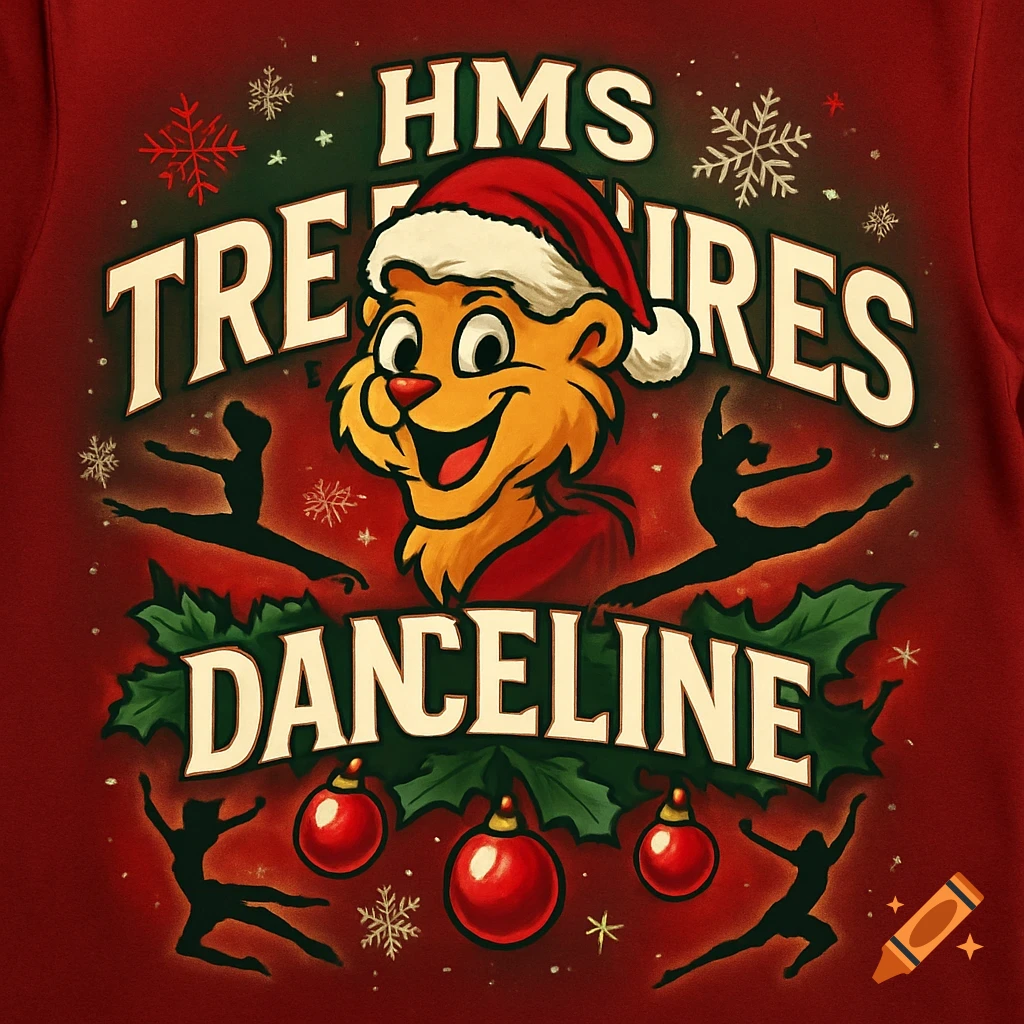 Christmas t-shirt design with a cartoon lion mascot in a Santa hat, snowflakes, holly, ornaments, and dancer silhouettes, with the text 'HMS TREASURES DANCELINE' on a red background.