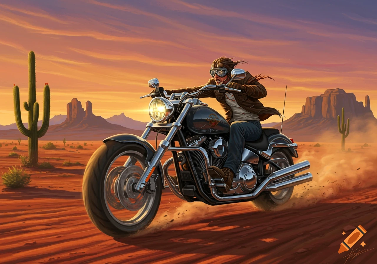 A stylized illustration of a biker on a motorcycle kicking up dust in a vast desert landscape with cacti and mesas at sunset.