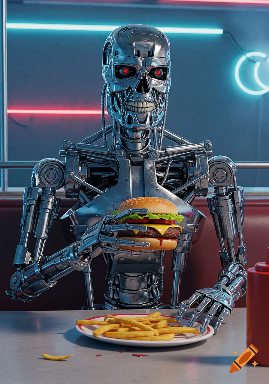 A photorealistic T-800 endoskeleton sits in a diner booth, holding a burger with a plate of fries in front of it.