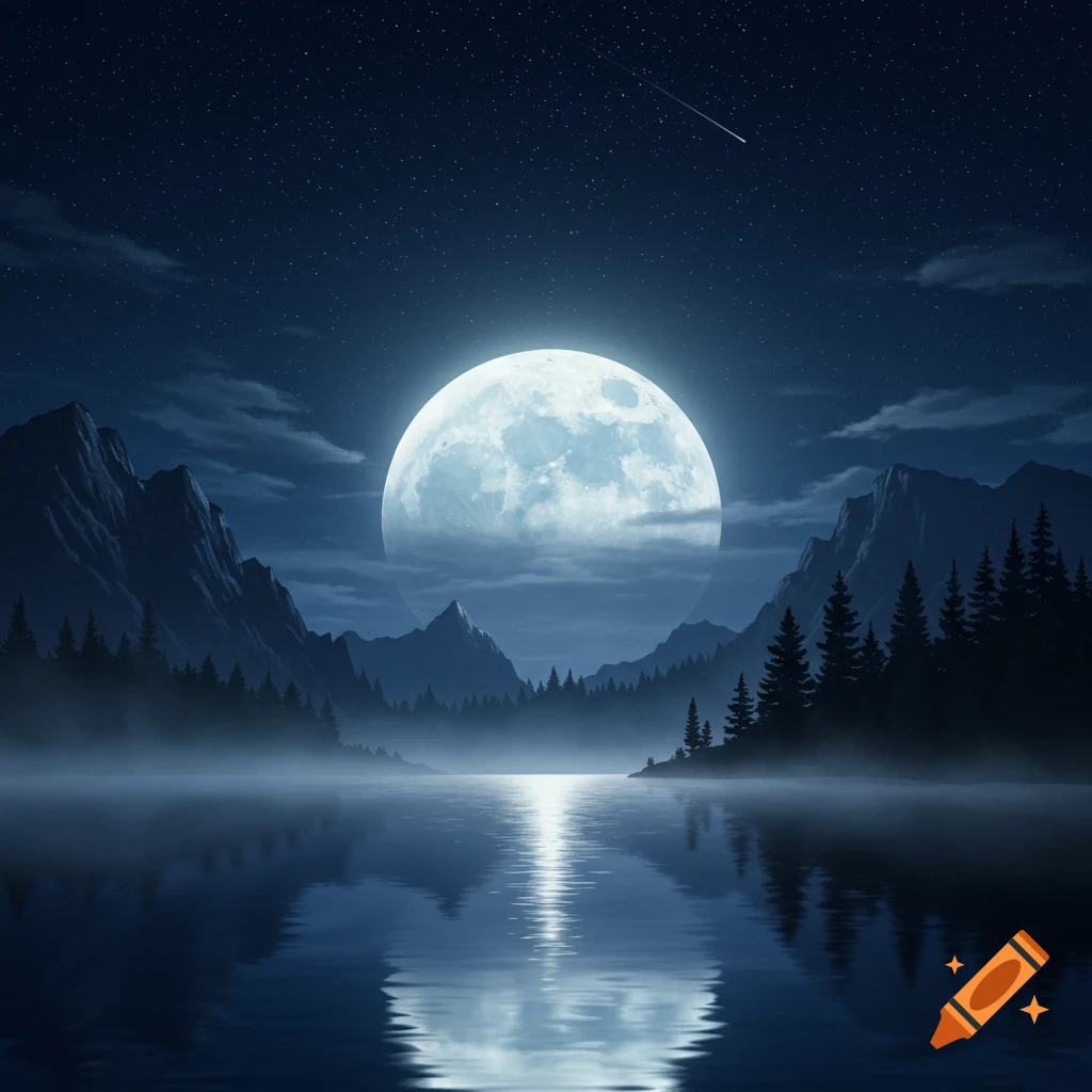 A large, bright full moon illuminates a serene mountain lake at night, with pine trees and a shooting star in the dark sky.