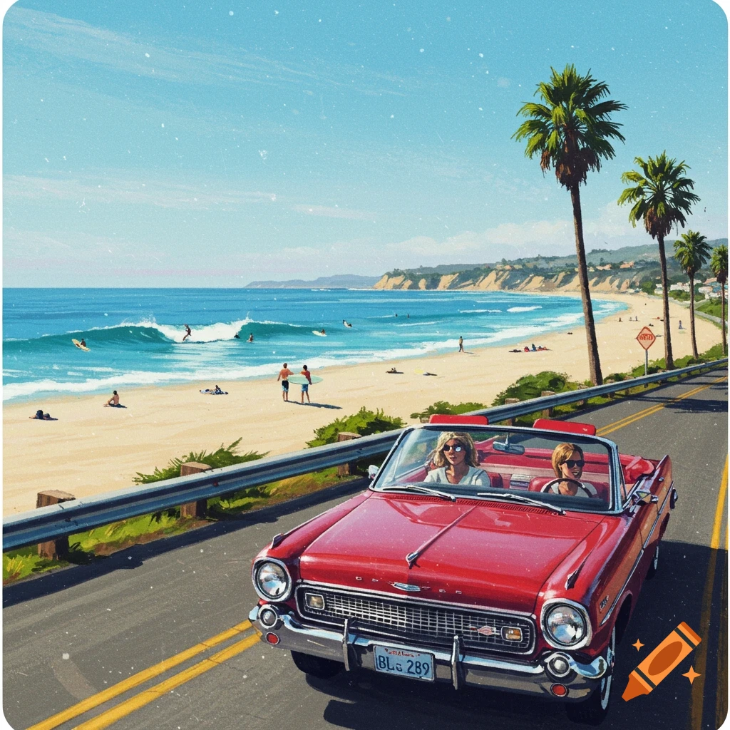 A vintage red convertible car drives along a sunny coastal road next to a beach with surfers and palm trees, in an illustration style.