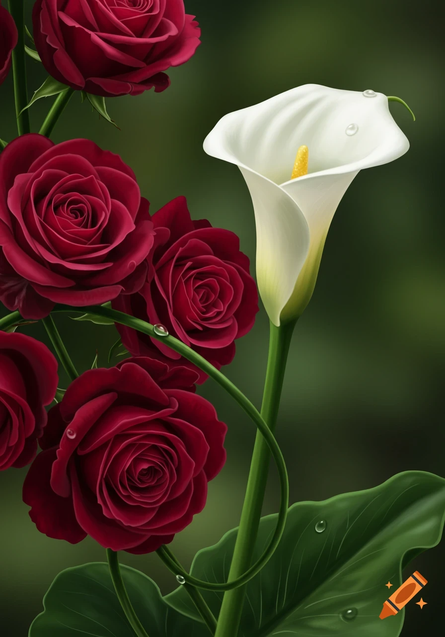 Close-up of red roses and a white calla lily with green tendrils and water droplets on a dark green background, photorealistic style.