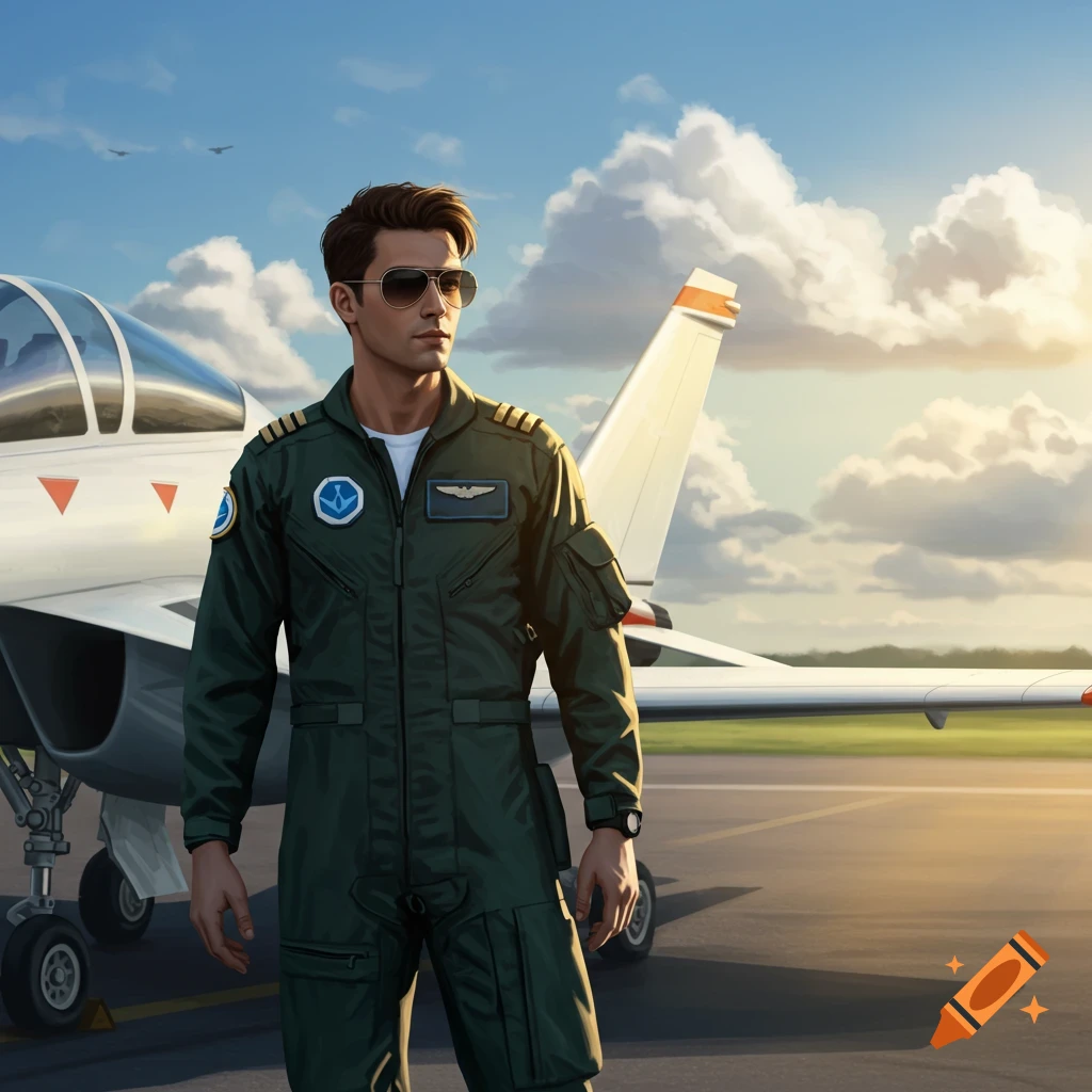 A confident male pilot in a dark green flight suit and sunglasses stands next to a white jet on an airfield at sunset. Photorealistic.