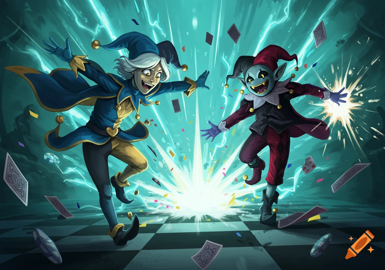 Two jesters, one human-like and one goblin-like, react to a magical explosion of light, confetti, and playing cards.
