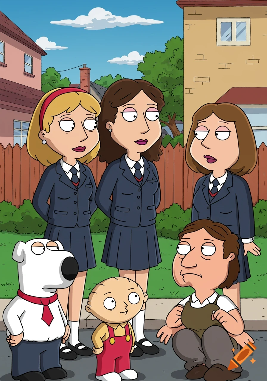 An illustration in the style of Family Guy featuring three women in school uniforms, Brian the dog, Stewie, and Quagmire kneeling, all standing outdoors in a suburban setting.