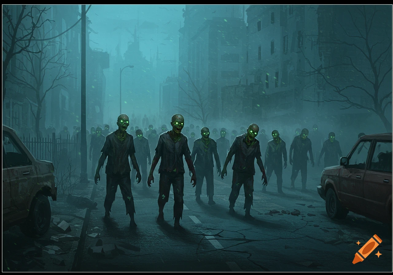 Digital art of a horde of zombies with glowing green eyes shambling down a desolate, foggy city street with abandoned cars.