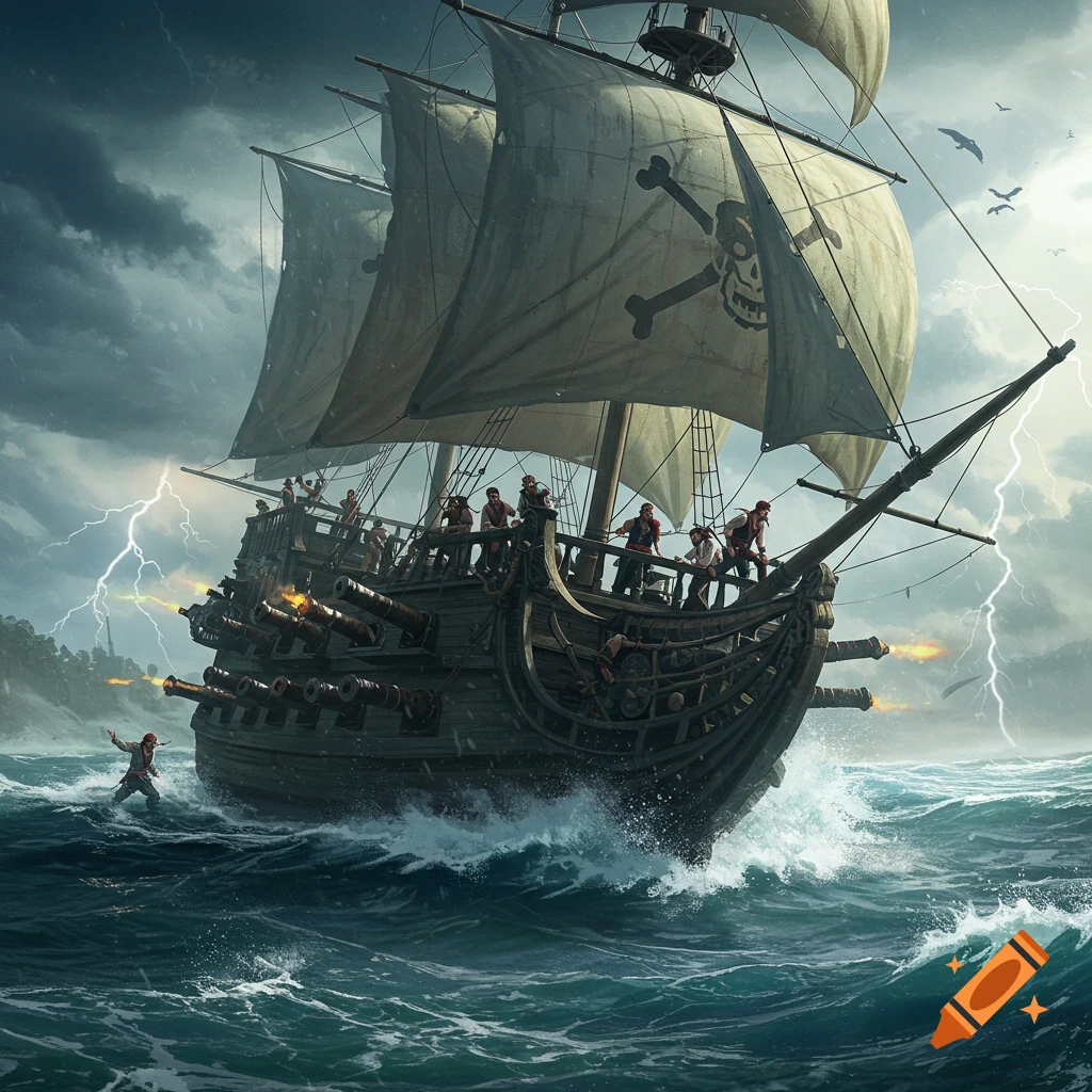A detailed illustration of a pirate ship in a stormy sea, cannons firing, with lightning and crew on deck.