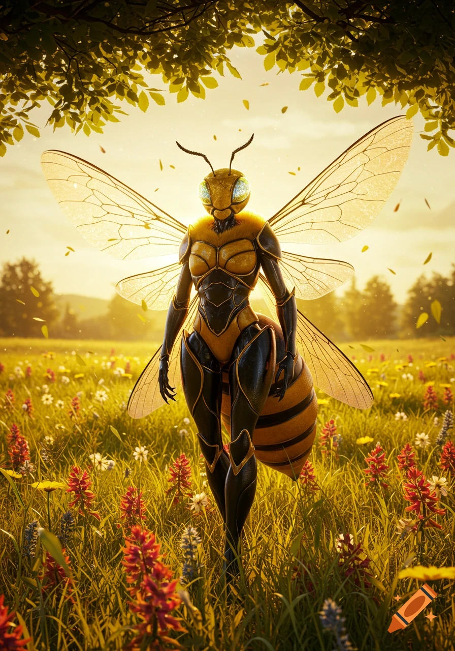 A photorealistic humanoid bee stands in a vibrant sunlit field of wildflowers under a canopy of green leaves.
