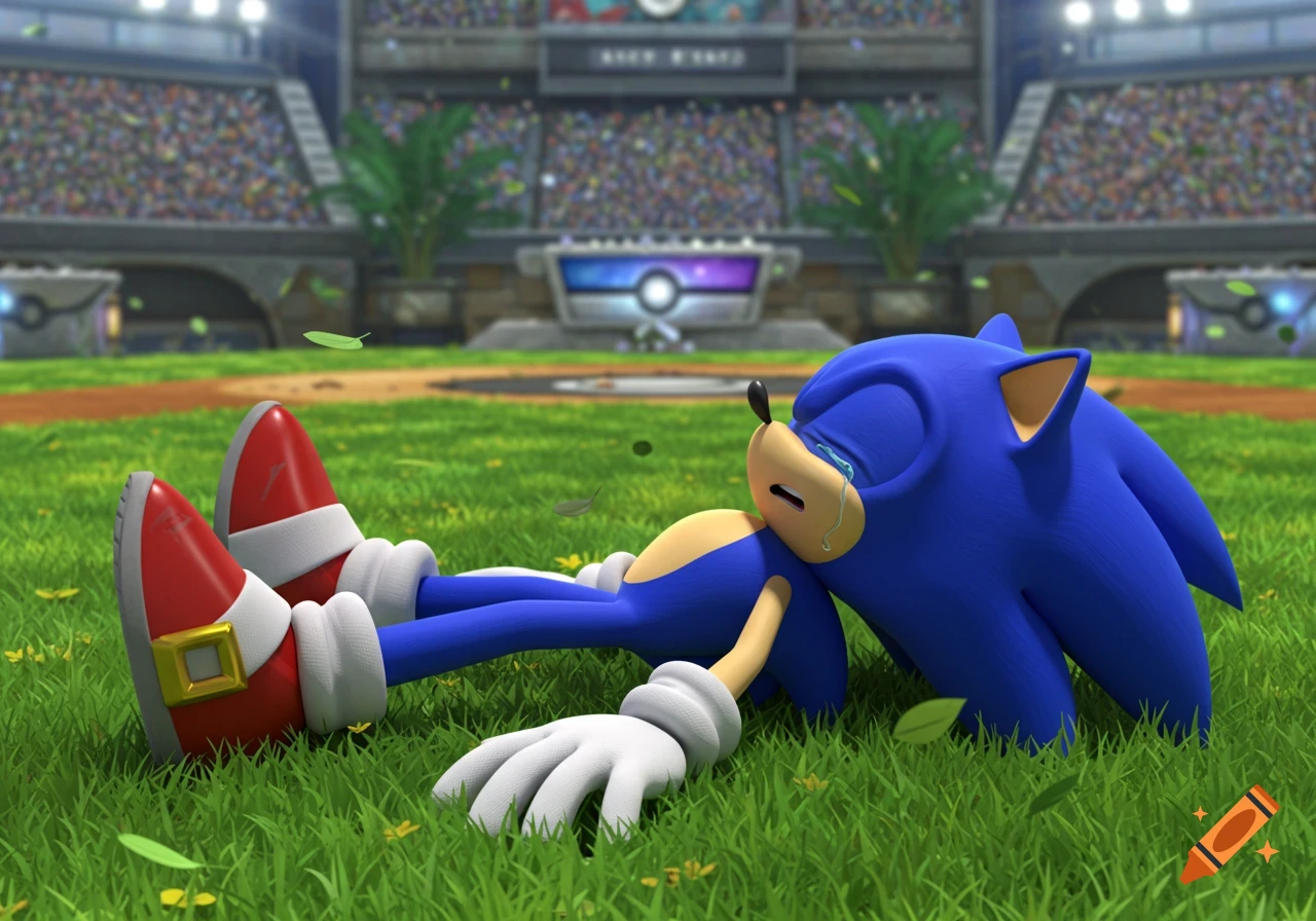 Cartoon Sonic the Hedgehog lies crying on a green grass field in a baseball stadium with a large Pokémon ball symbol in the background.