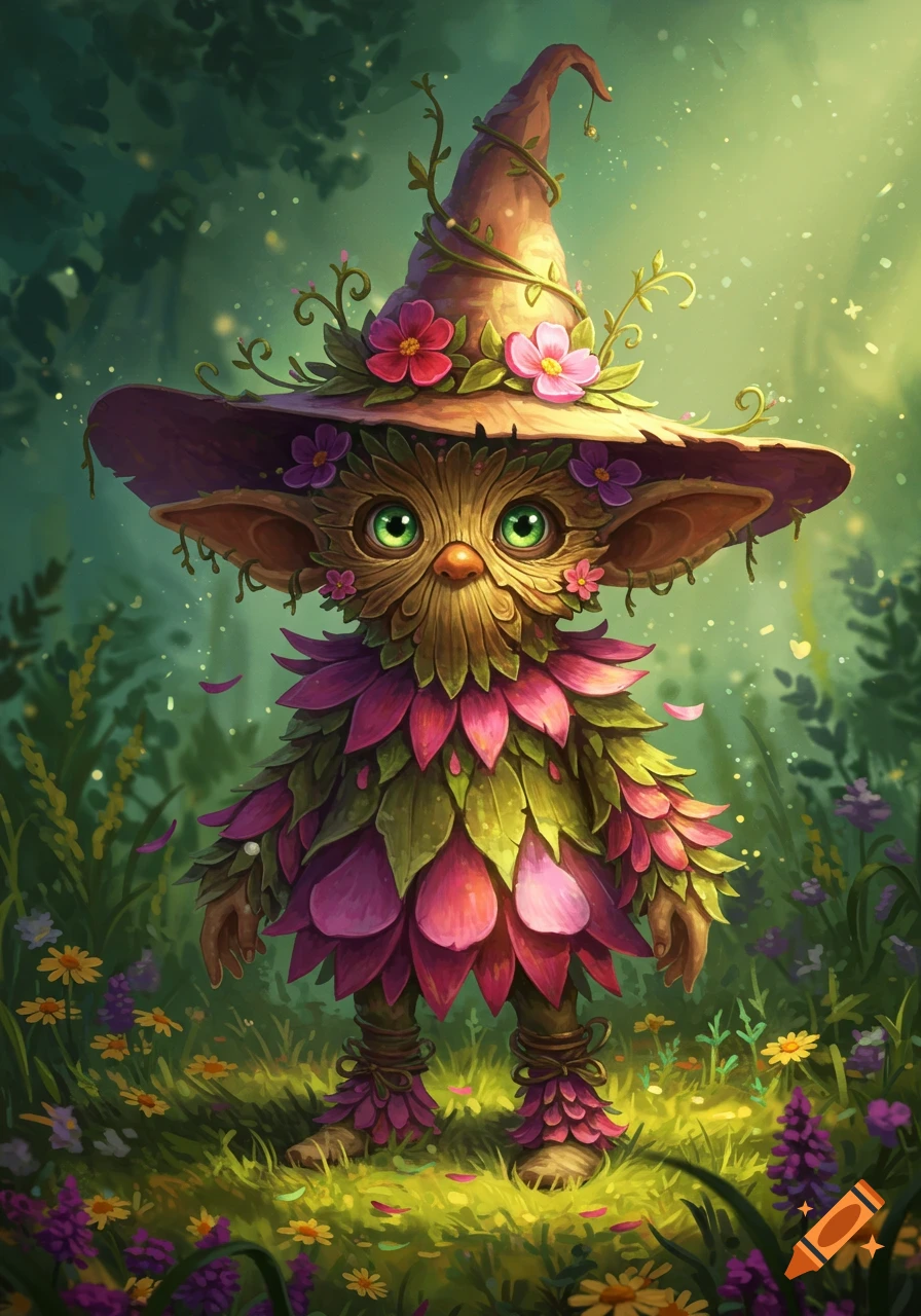 A cute, whimsical goblin-like creature made of wood and colorful leaves, wearing a flower-adorned wizard hat, stands in a vibrant forest.