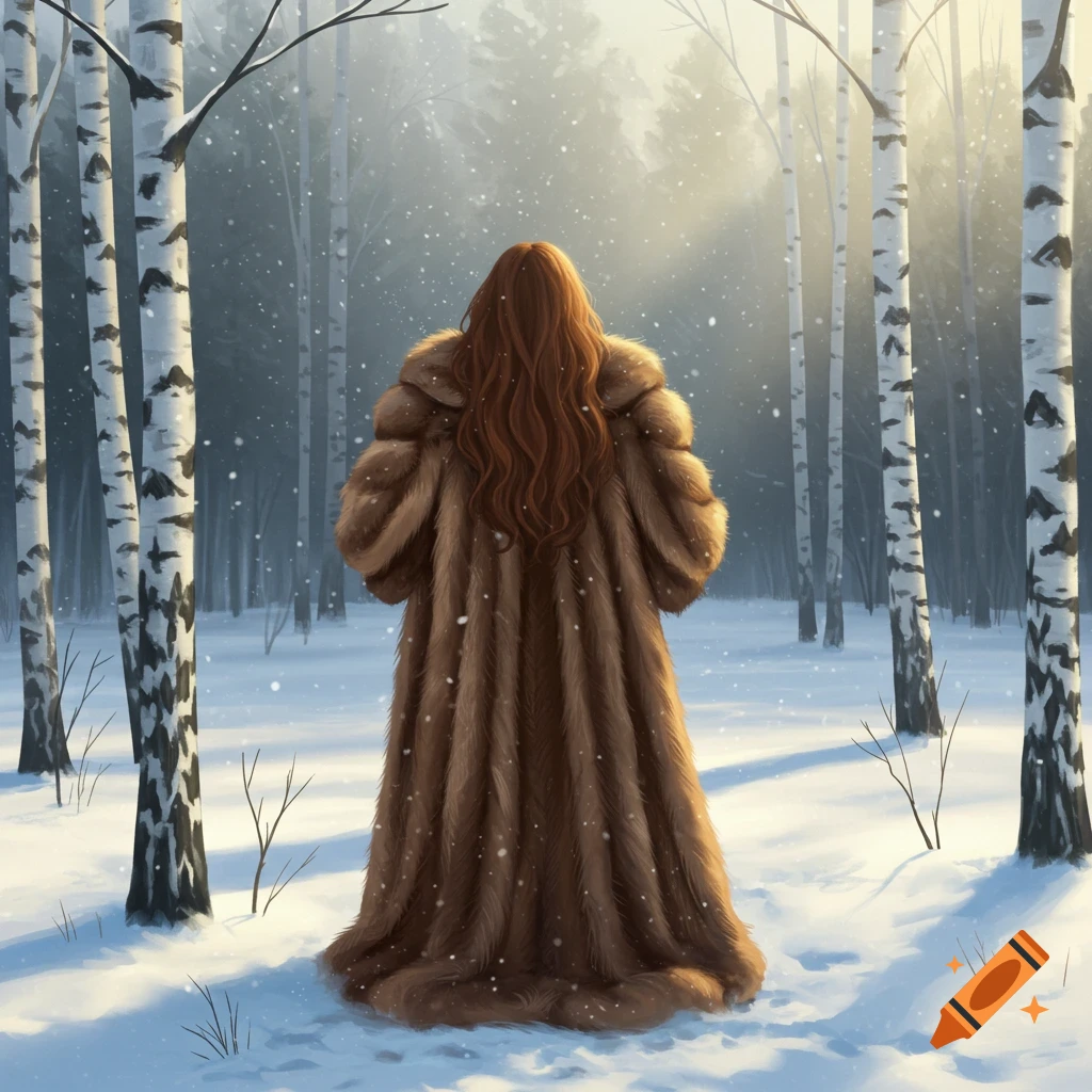 A woman with long red hair wearing a long fur coat stands with her back to the viewer in a snowy birch forest.
