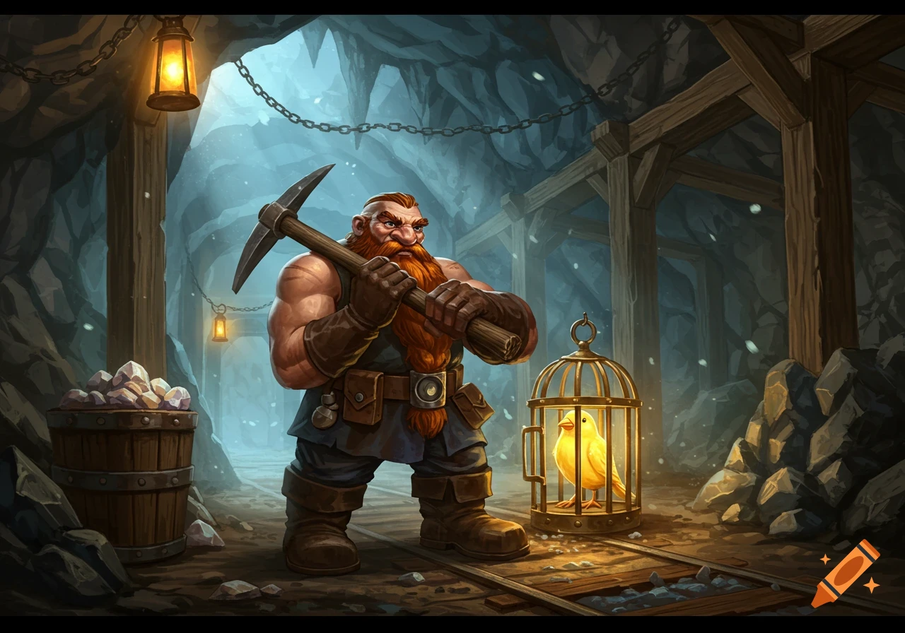 A muscular, red-bearded dwarf with a pickaxe stands in a stylized mine next to a glowing canary in a cage.