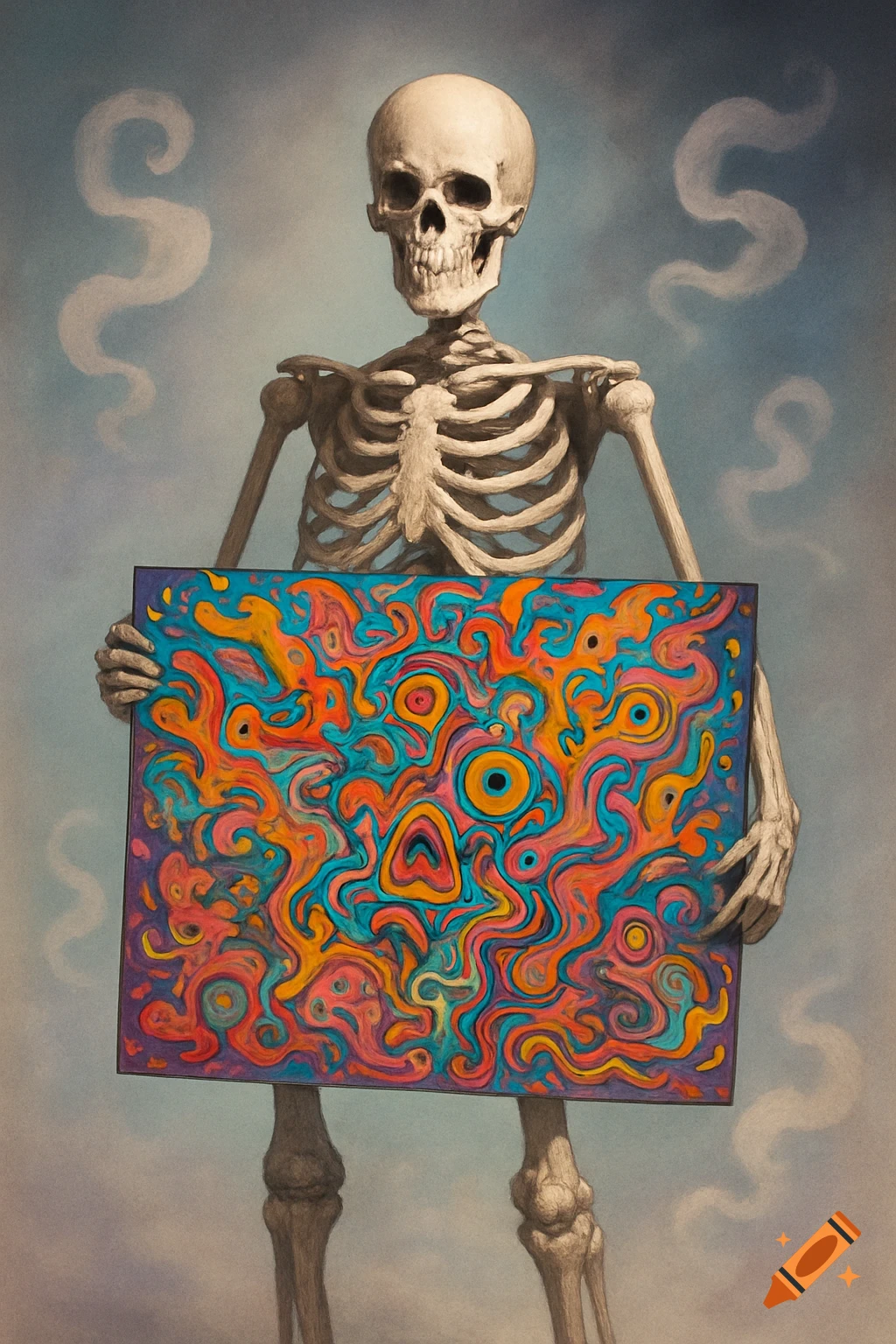 An unrealistic drawing of a skeleton holding a vibrant, horizontal abstract poster with swirling colorful patterns against a cloudy blue background.